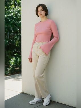 BDG Urban Outfitter Juniors Crop Top Lettuce Edge Micro Ribbed Bell Sleeve